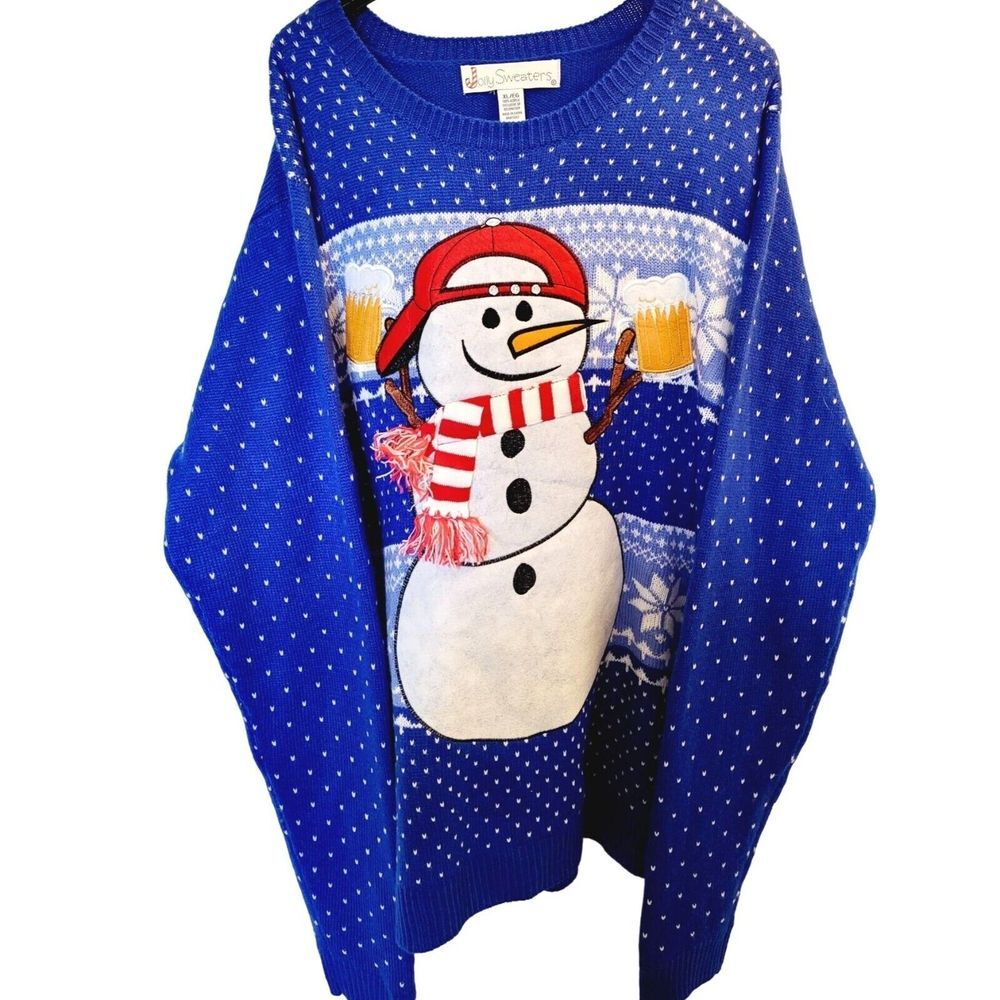 Jolly Sweaters Men's Beer Drinking Snowman Sweater‎ Blue - Size XL